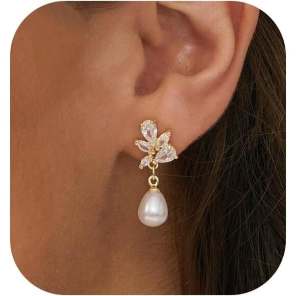 PRTGL Pearl Earrings Trendy 14K Gold Dainty Elegant Pearl Hook Earring for Women - Picture 1 of 6